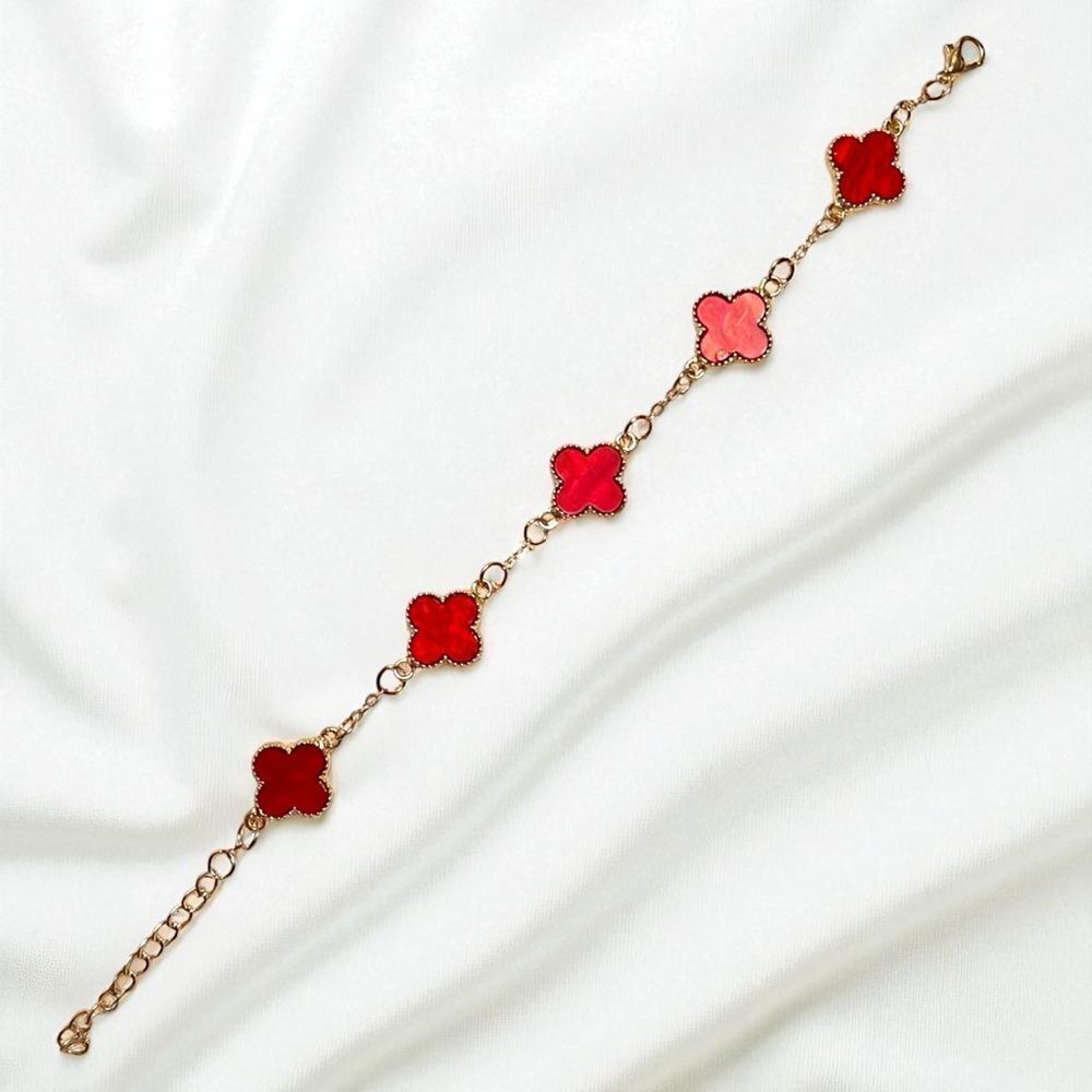 Designer Inspired Elegant Red Clover Gold Tone Bracelet